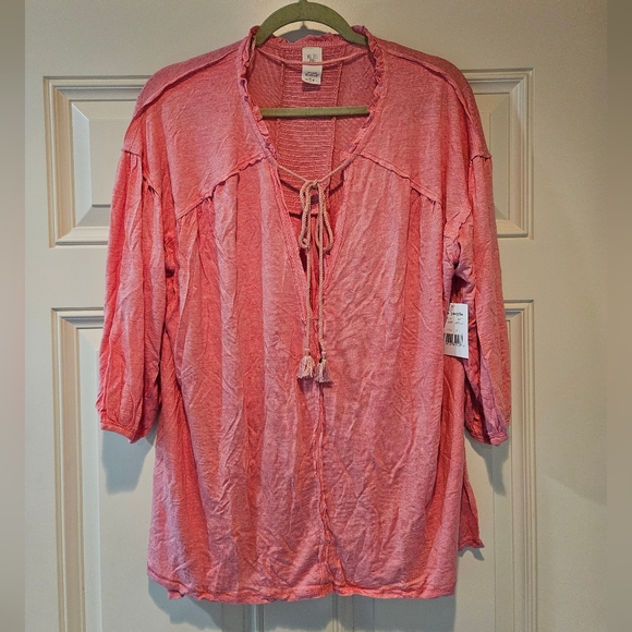 Free People Just A Henley Linen Blend Oversized V Neck High Low Hem Pink XS NWT - Picture 2 of 16